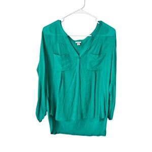Merona Teal Green Textured V-Neck High-Low Blouse Long Sleeve Top Large